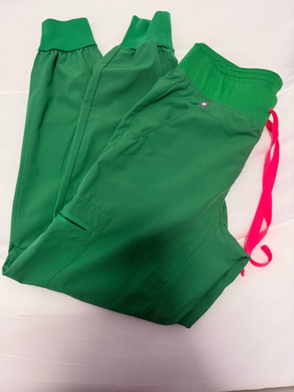 FIGS Ankle Scrub Pants in Bright Green with Pink Drawstring